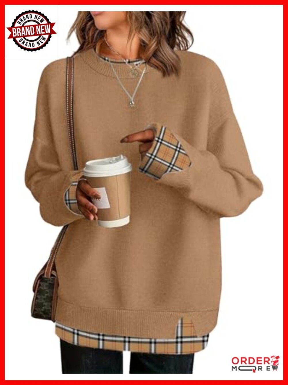 Womens Oversized Patchwork Sweater Crew Neck Long Sleeve Knit Pullover